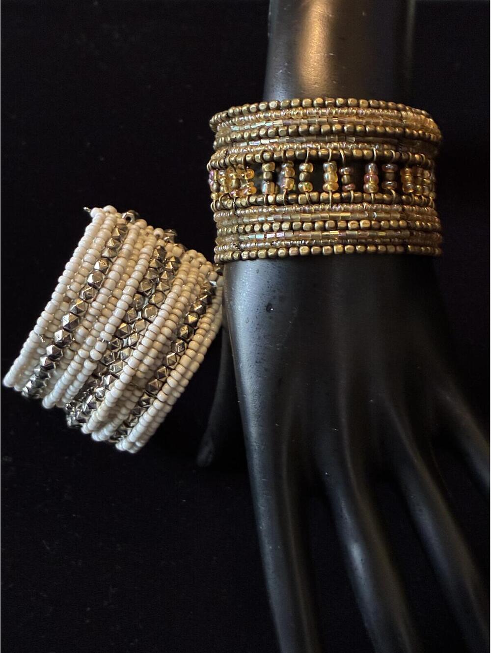 Lot of 2 Boho Seed Bead Memory Wire Cuff Bracelets White Silver Bronze Gold Tone